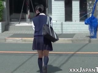 Little Japanese Schoolgirl Toys Pussy Over Panties in